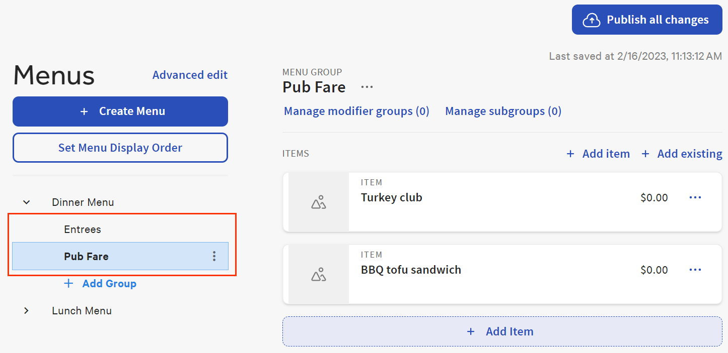 The menu builder landing page with a menu expanded to show its menu groups.