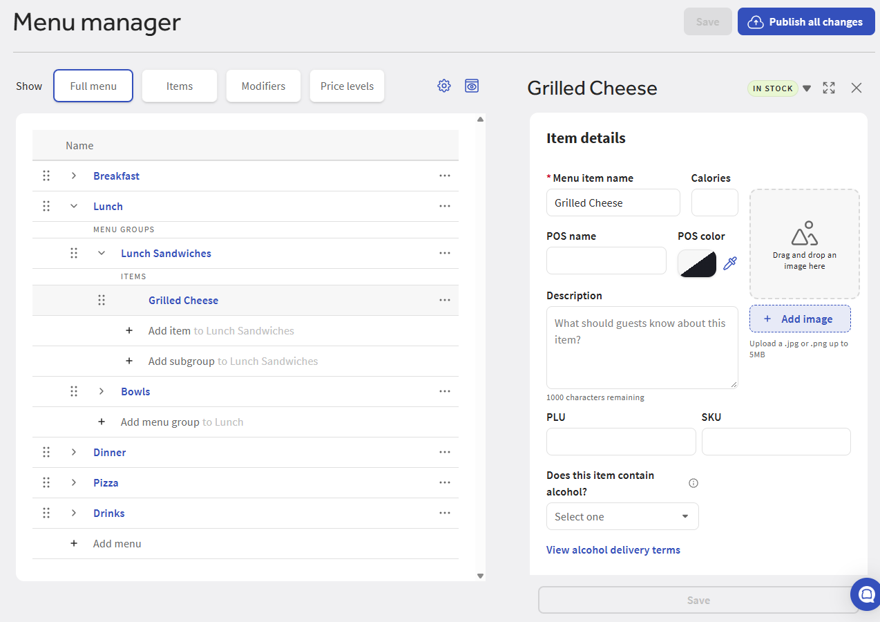 An example of the menu manager page with a menu item selected for editing.