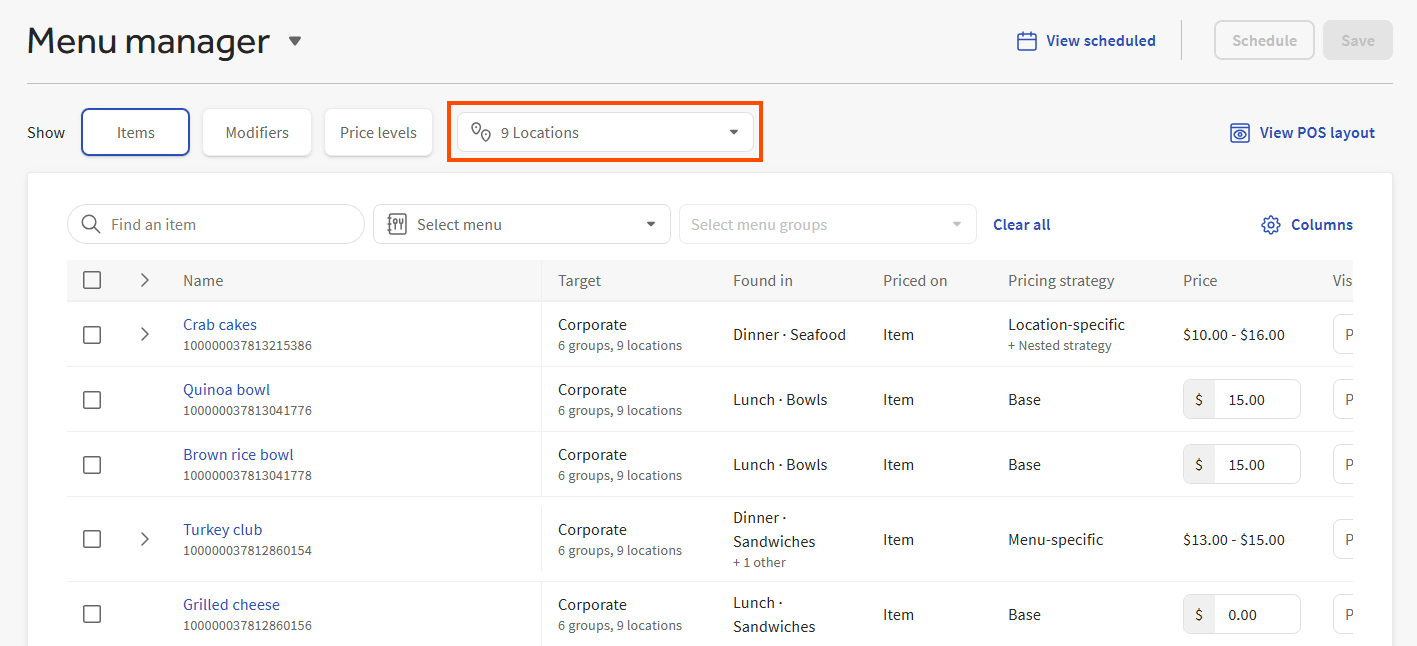 An example of the menu manager page showing the locations filtering control.