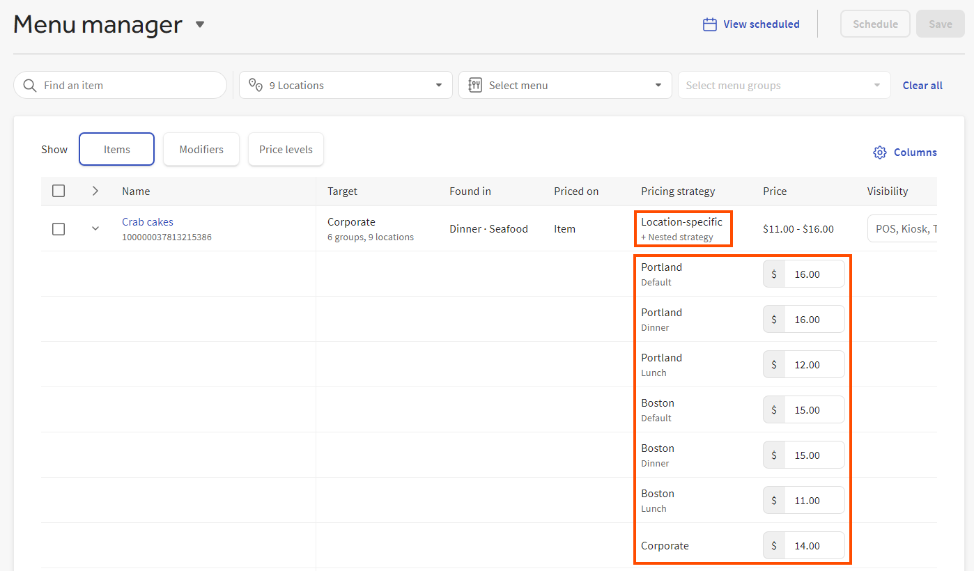 An example of an expanded row for a menu item that uses location-specific prices with a variety of nested pricing strategies.