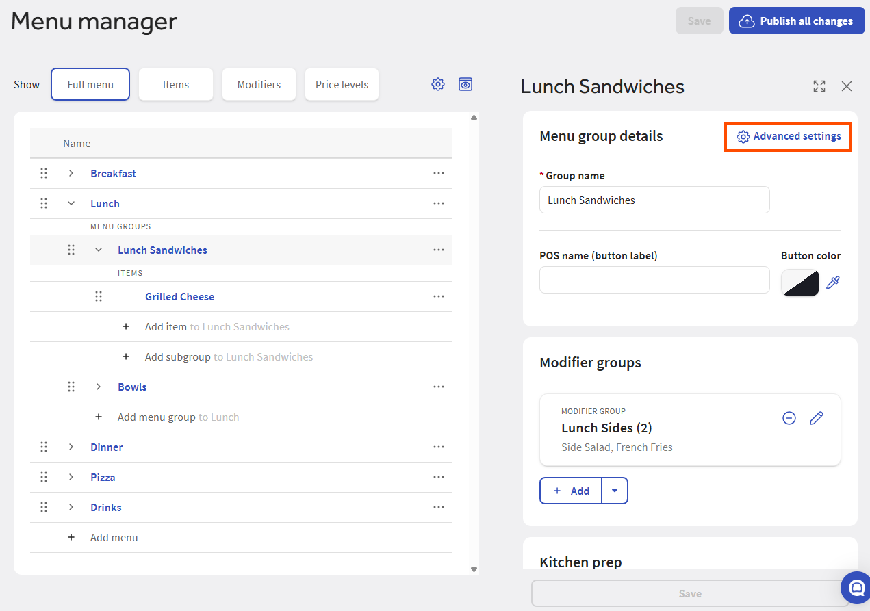 The location of the Advanced settings link on a menu side panel.