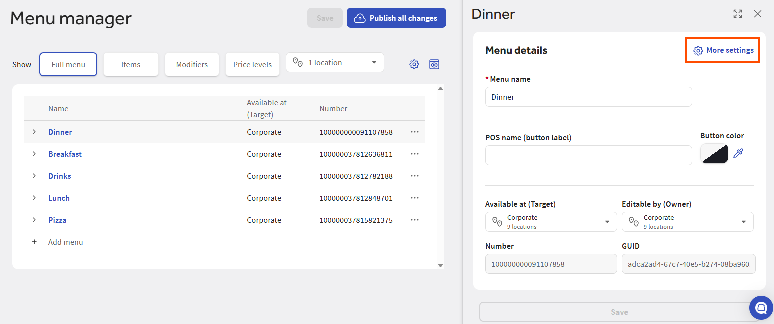 The location of the More settings link on a menu side panel.