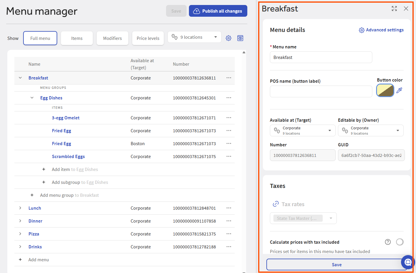 Full menu view showing the menu hierarchy table and the optional side pane.