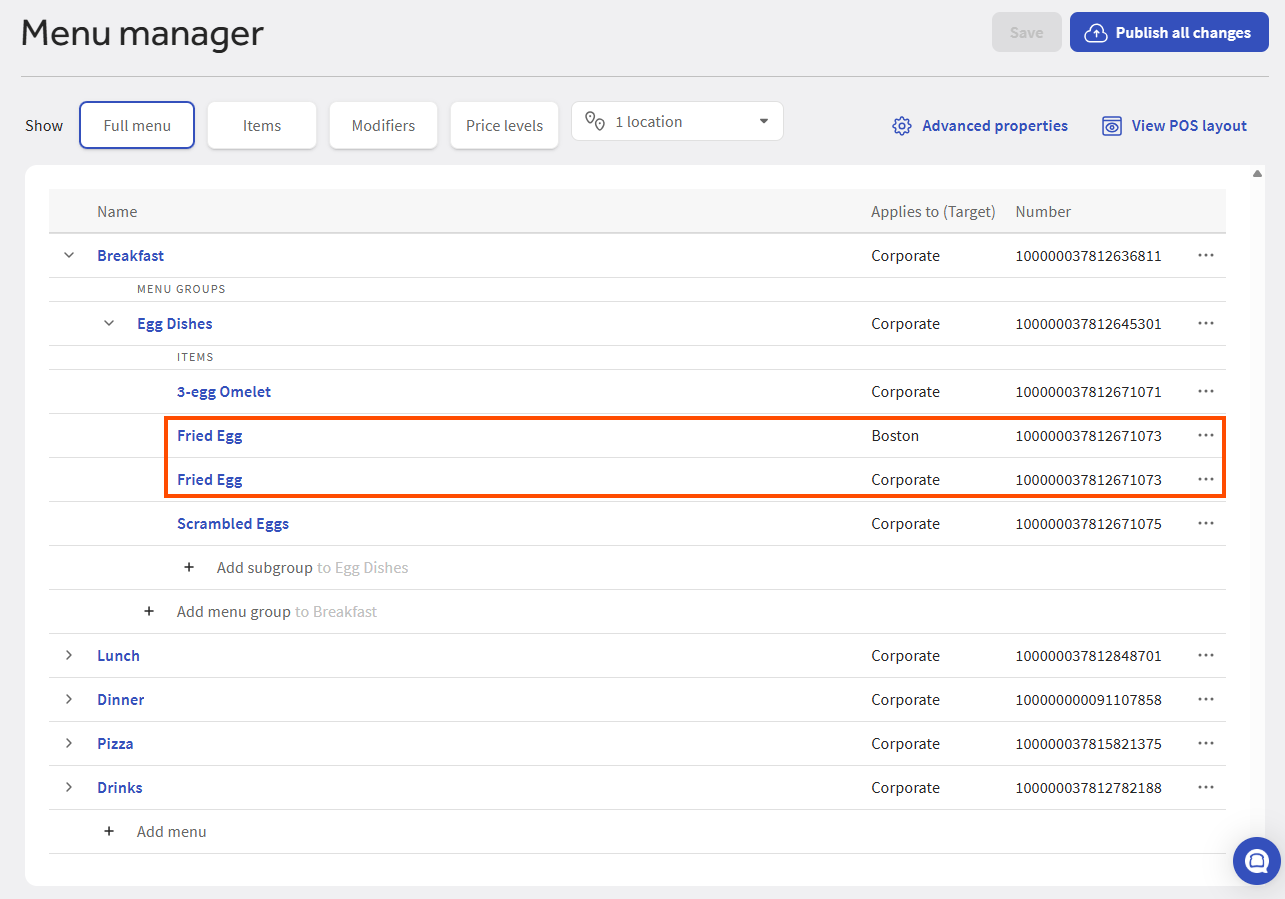 An example of the same versioned menu item in Full menu view.