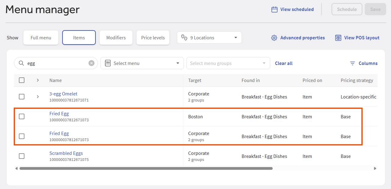 An example of a versioned menu item in Items view.