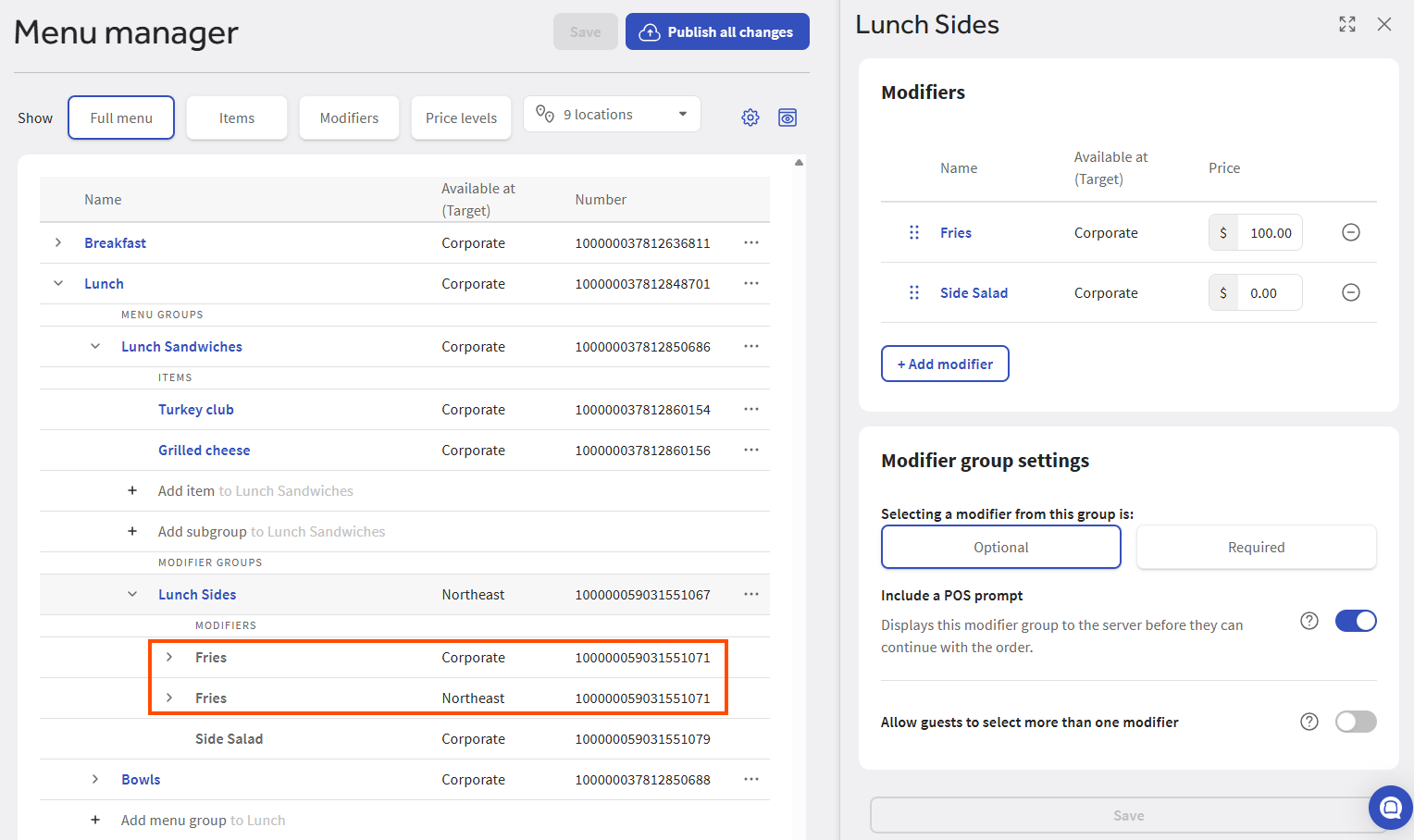 An example of Full menu view showing multiple rows for a versioned modifier.