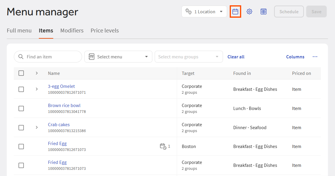 The location of the View scheduled button.
