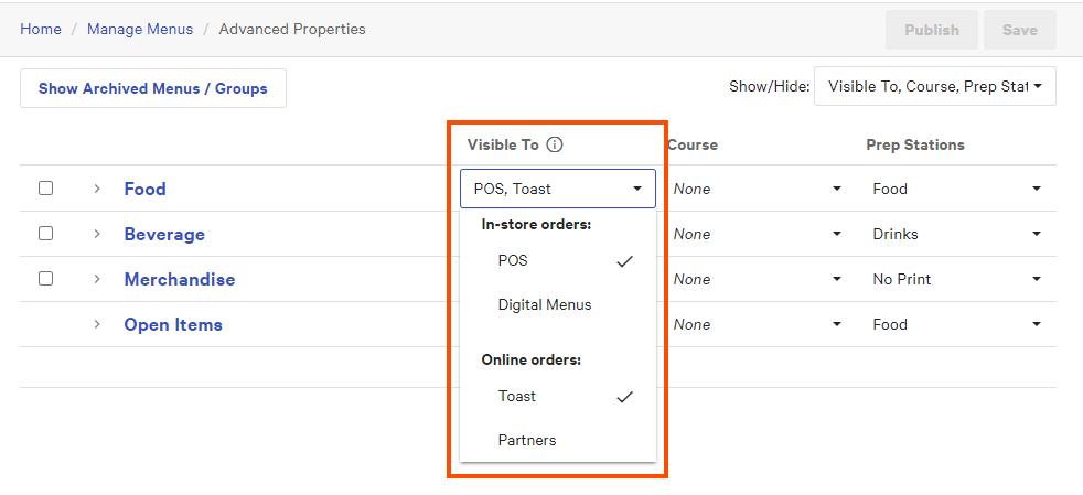 The location of the Visible To column on the Advanced Properties page.