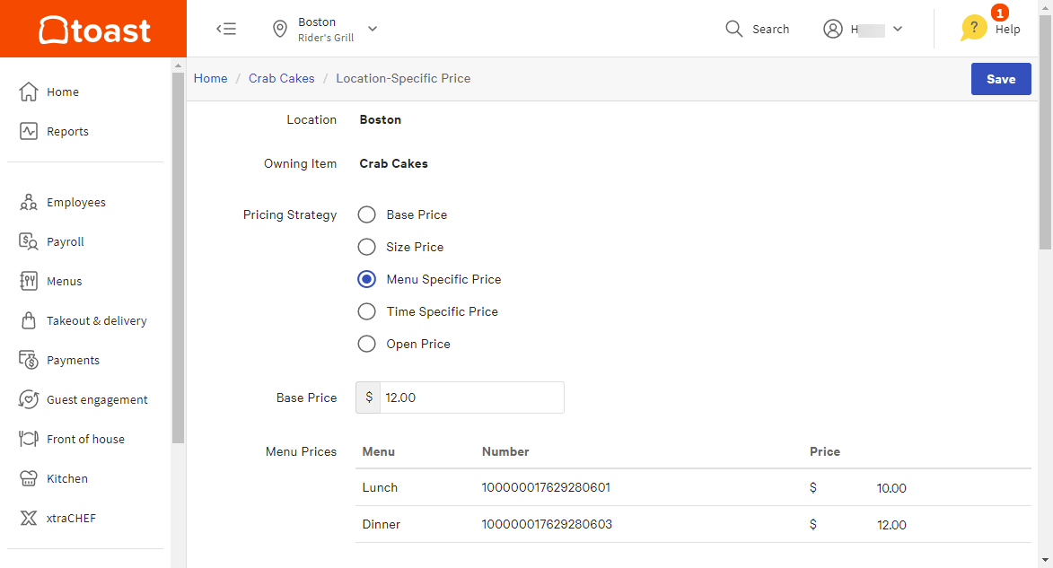 Example of the Pricing Strategy section with the Base Price field and the Menu Prices table showing.