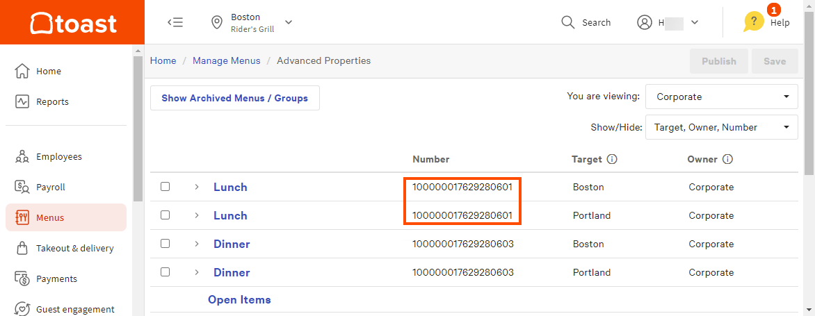 Example of the Number column on the Advanced Properties page.