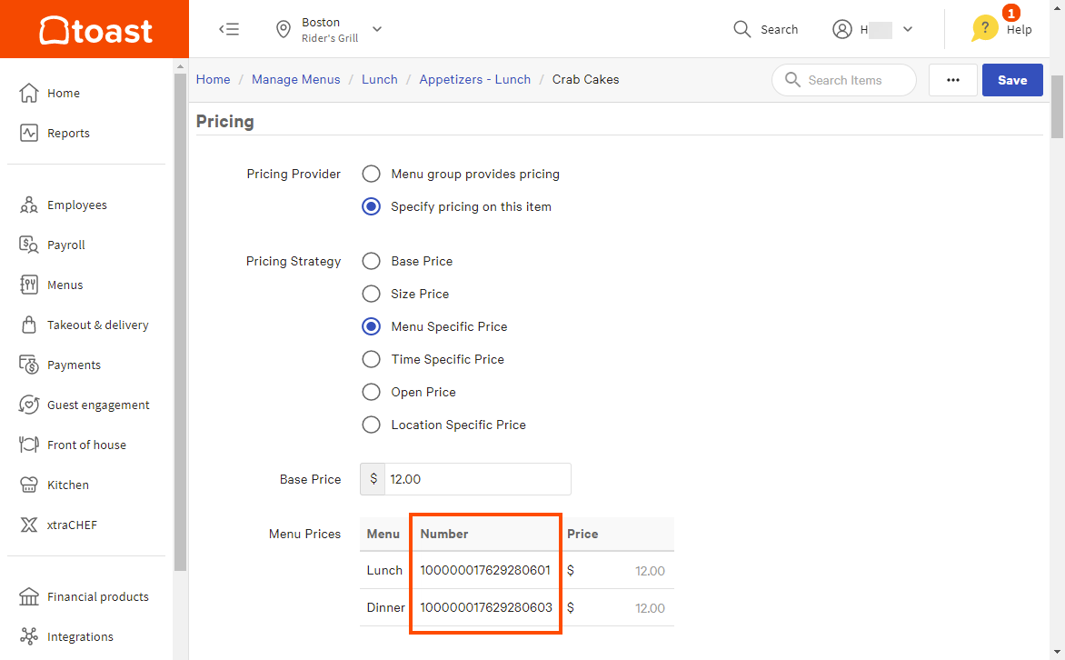 Example of the Number column in the Menu Prices table on the menu items details page.