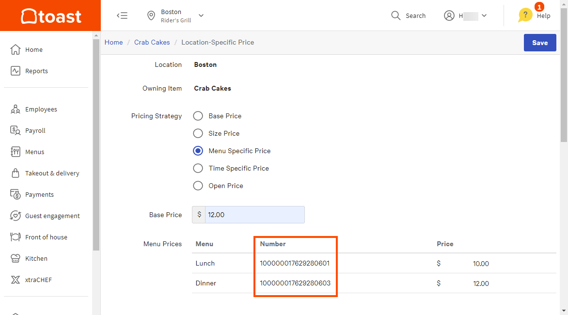 Example of the Number column in the Location Specific Price page.