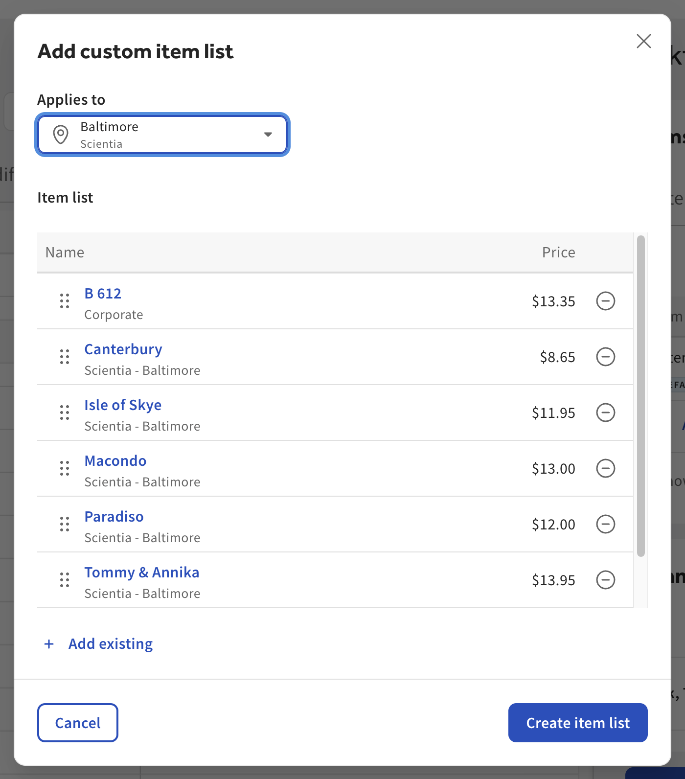 The Add custom item list dialog, showing the items in the list.