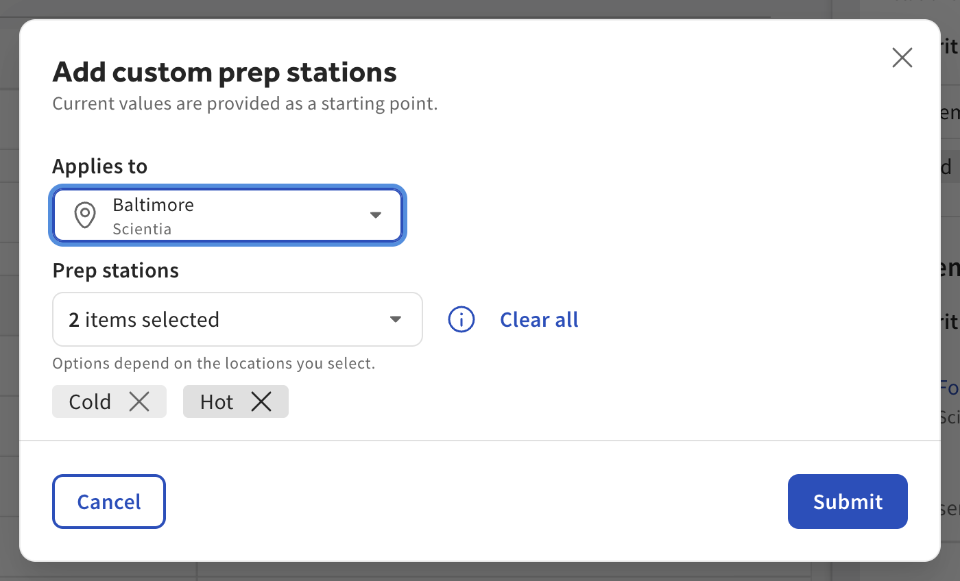 The Add custom prep stations dialog with the prep stations assigned.