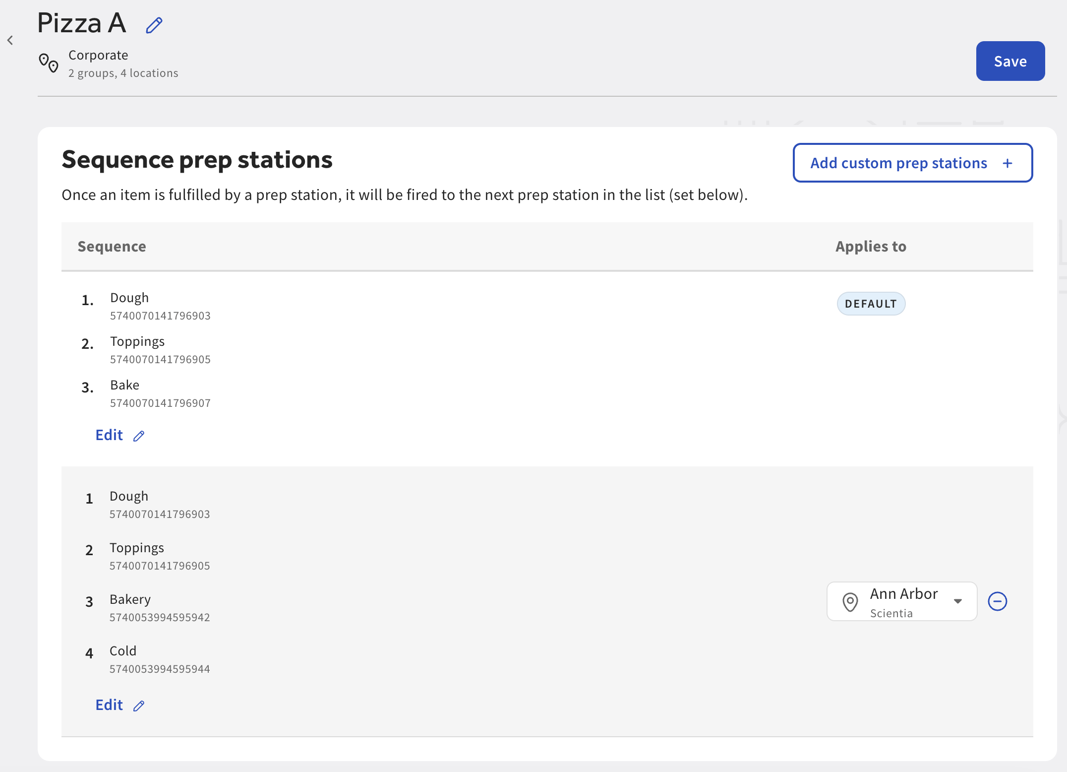 Under Sequence prep stations, the custom assembly line is updated.