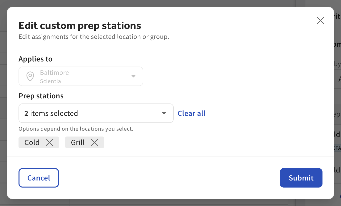 The Edit custom prep stations dialog with the prep stations assigned.