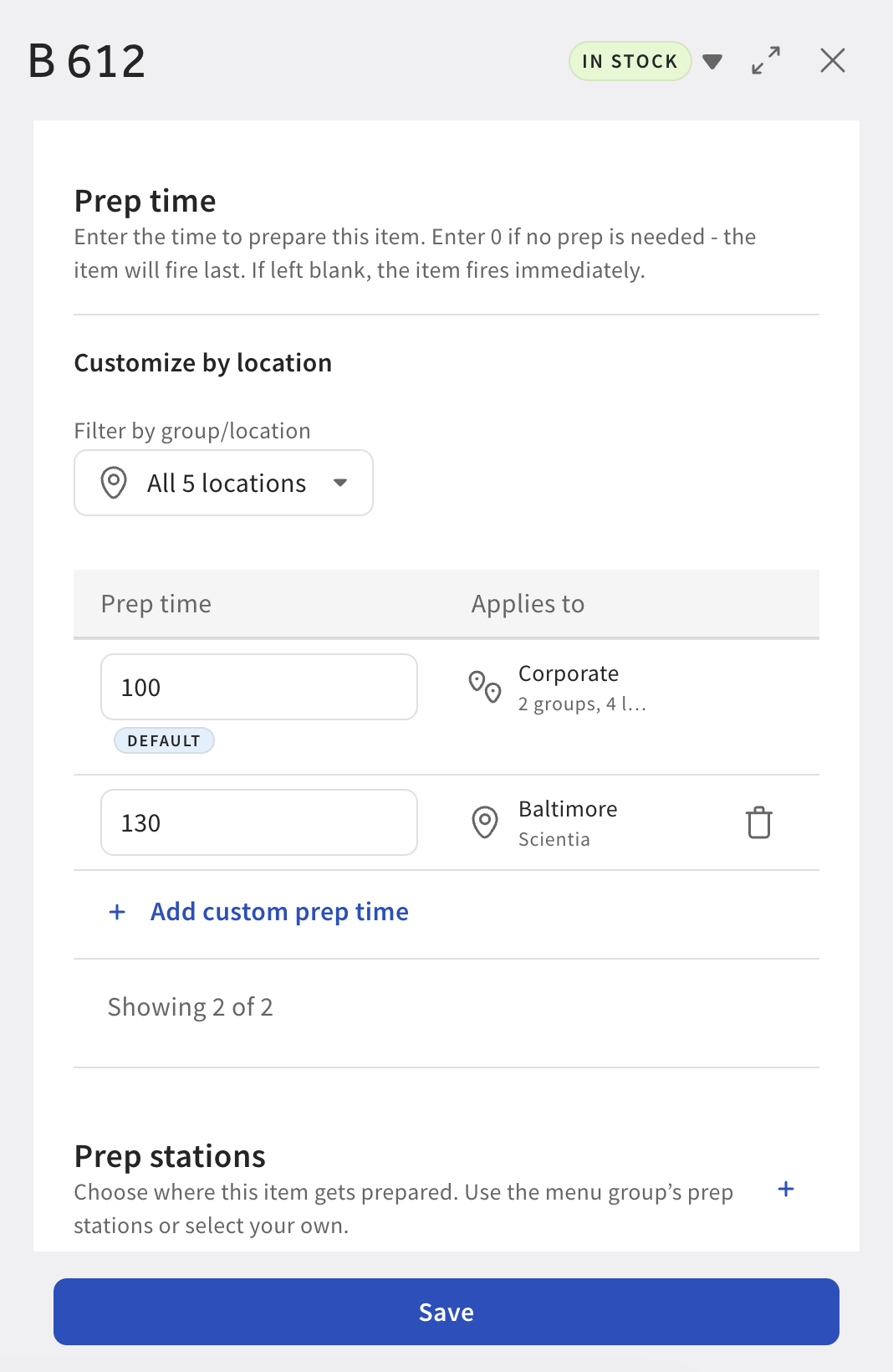 The Prep time setting of a menu item with an updated custom prep time.