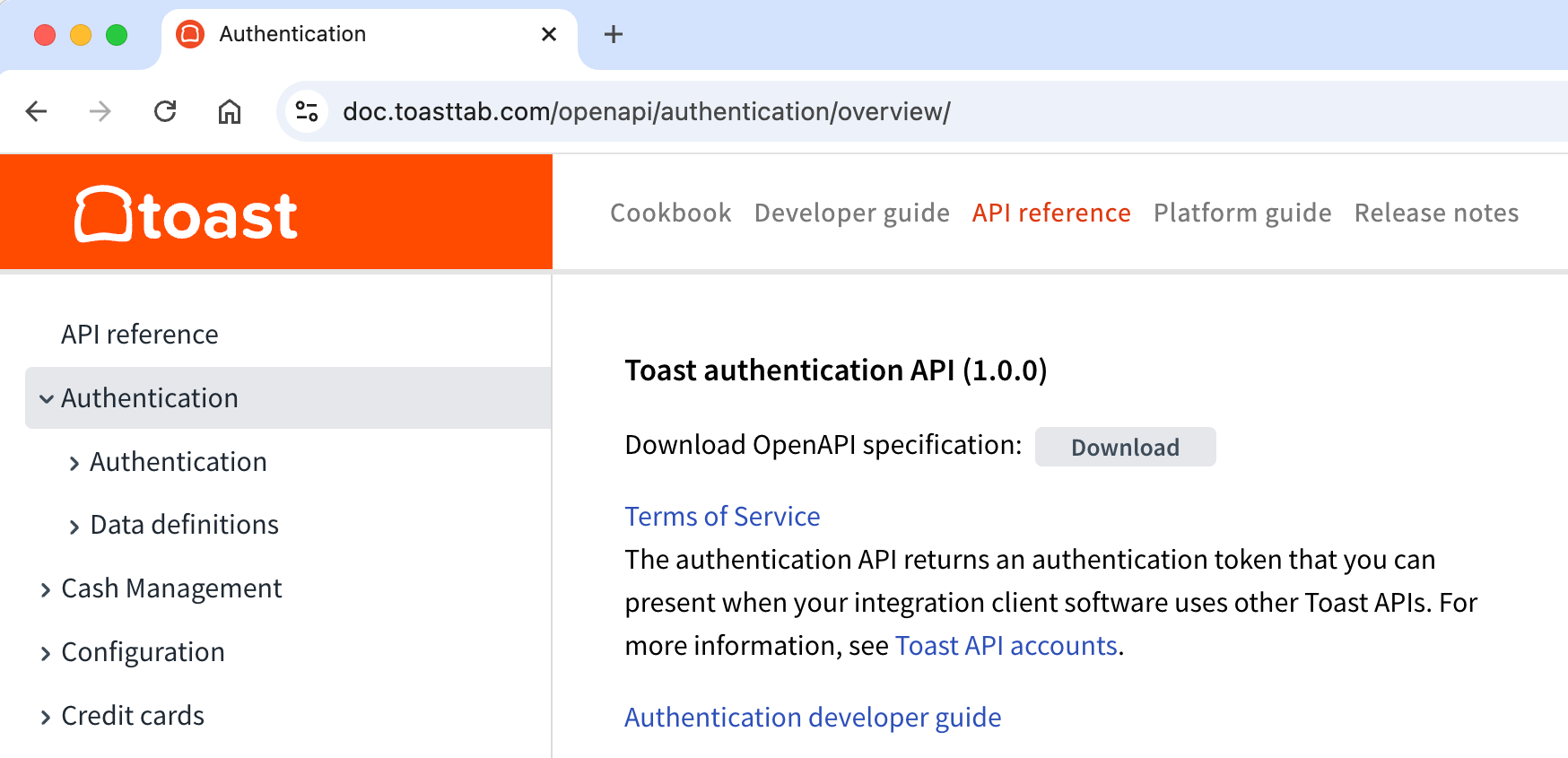 The Toast API reference documentation web page, with the overview page for the authentication API selected and visible on the page. The API reference documentation page includes a button labeled "download."