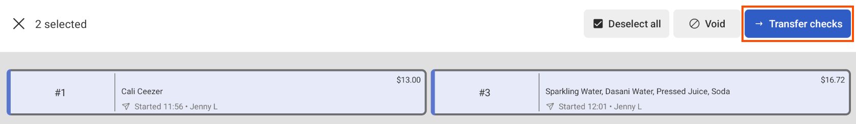 The Select Checks screen with several checks selected and the Transfer checks button emphasized.