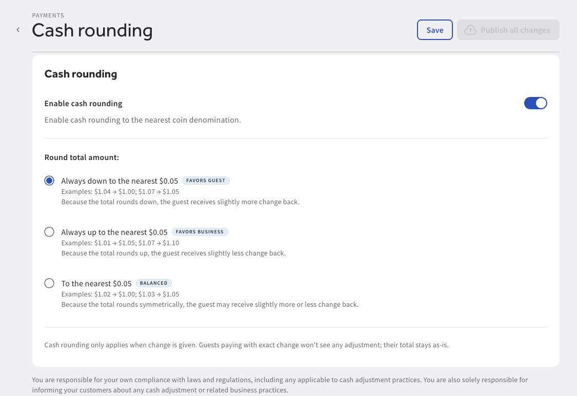 The cash rounding options in Toast Web.