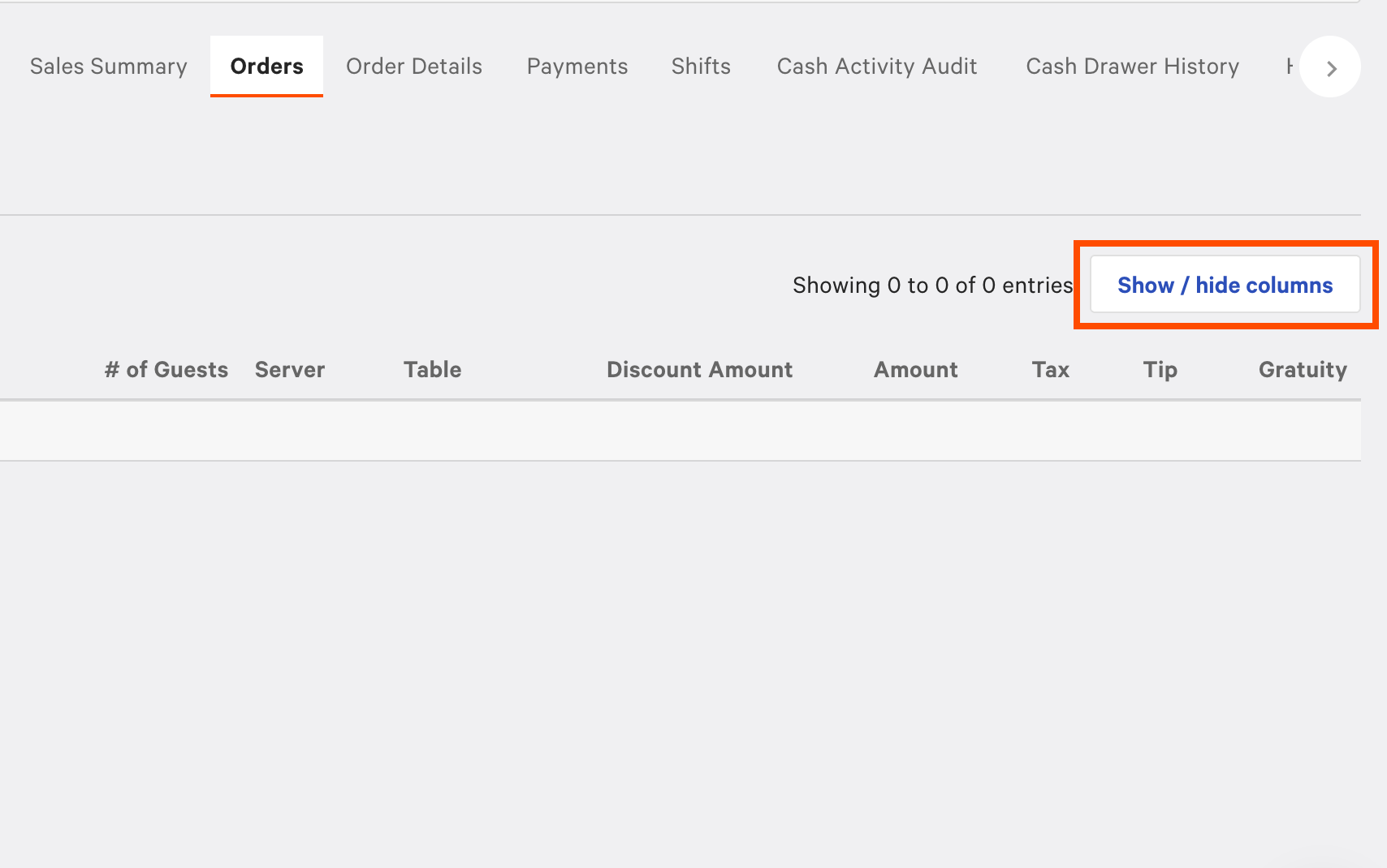 The Orders report with the Show / hide columns menu emphasized.