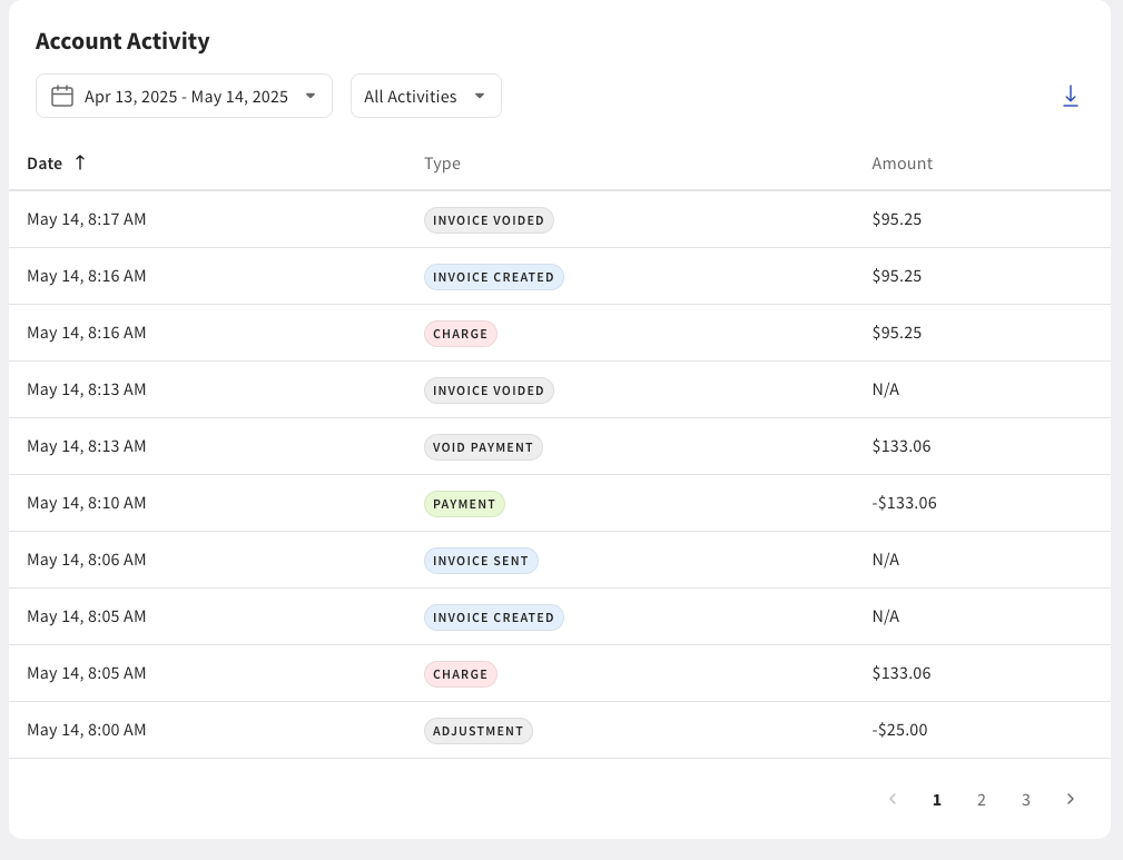 Shows the Account Activity section on the House account profile page in Toast Web.
