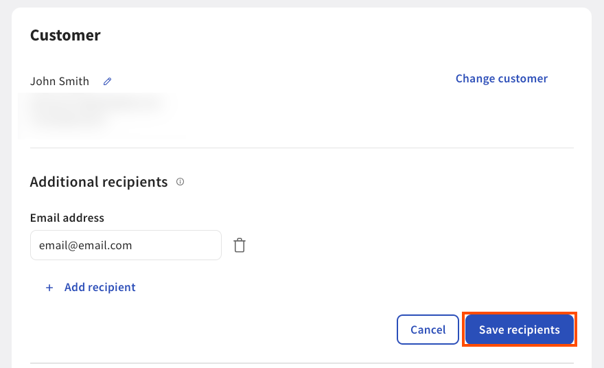 Shows the Customer tab with the Save recipients button emphasized in Toast Web.