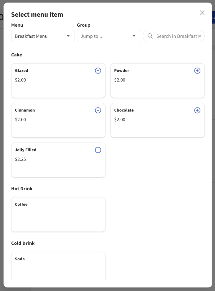 Shows the Select menu item page in Toast Web.