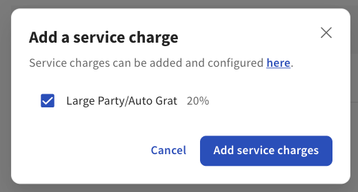 Shows the Add a service charge dialog in Toast Web.