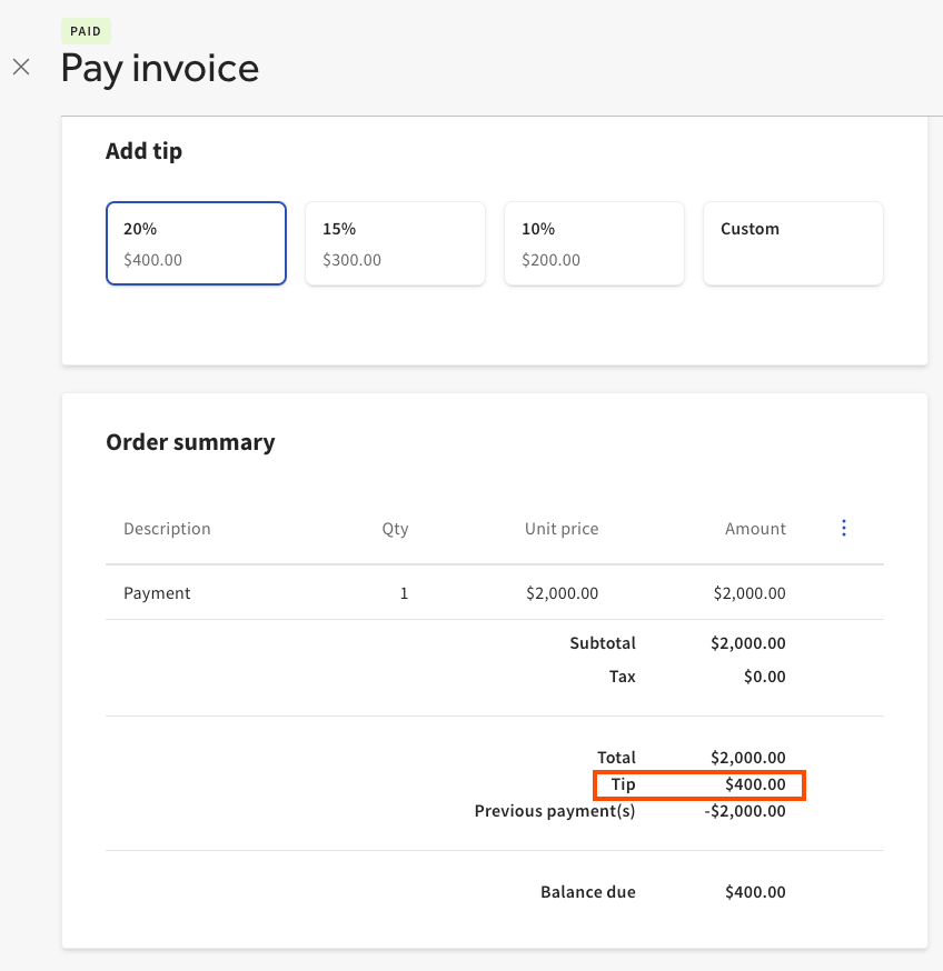 Shows the Add tip button on the Pay invoice page in Toast Web.