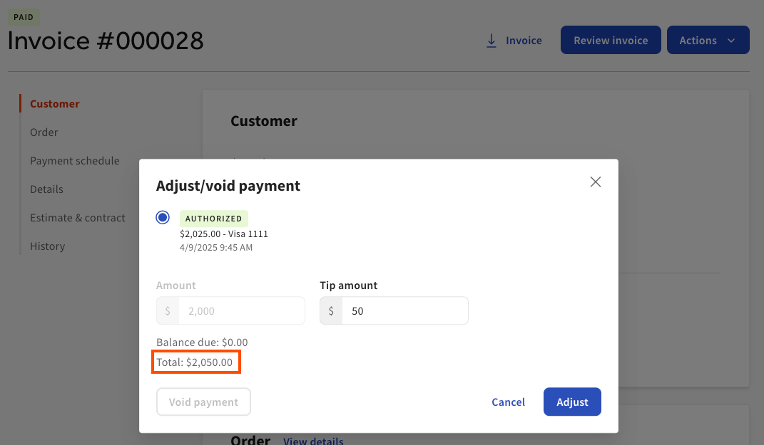 Shows the new tip amount in the Adjust/void payment dialog in Toast Web.