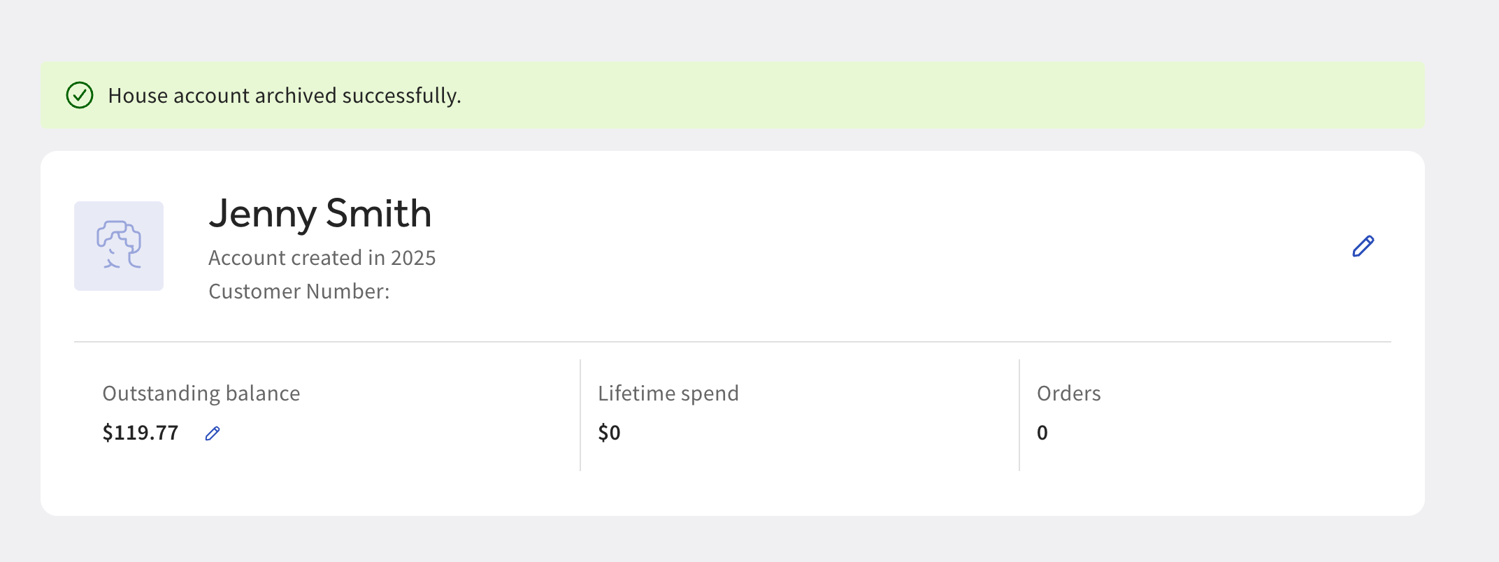 House account archived successfully banner on the House account profile page in Toast Web.