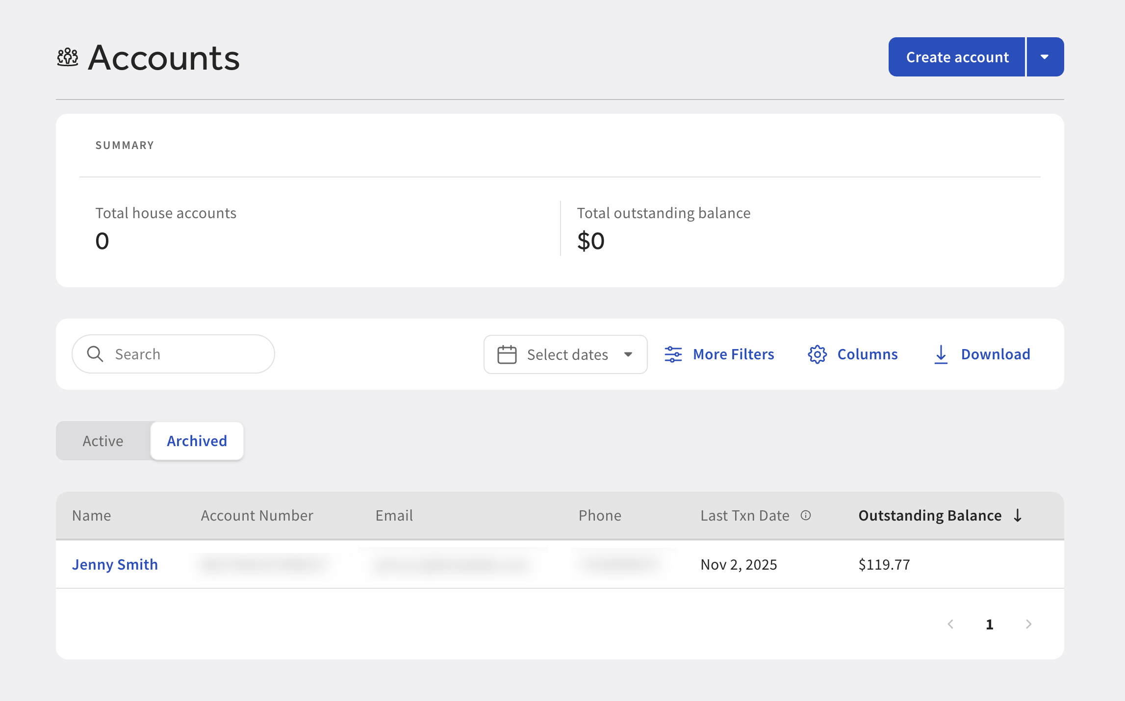 The archived house account under the Archived tab on the Accounts page in Toast Web.