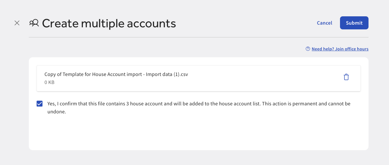 The Create multiple accounts confirmation dialog in Toast Web.