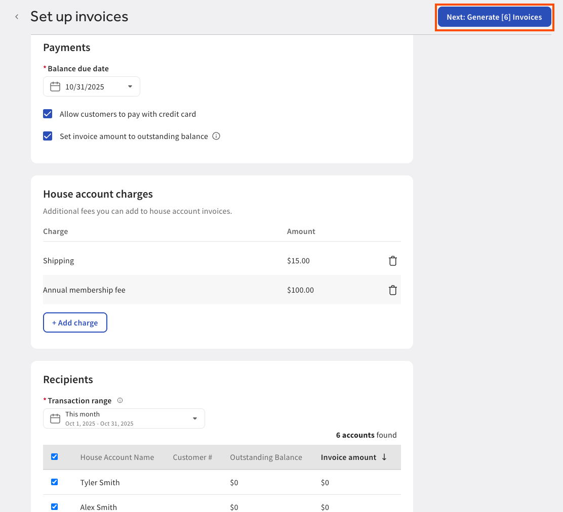 The Set up invoices page with the Generate number of invoices button emphasized in Toast Web.