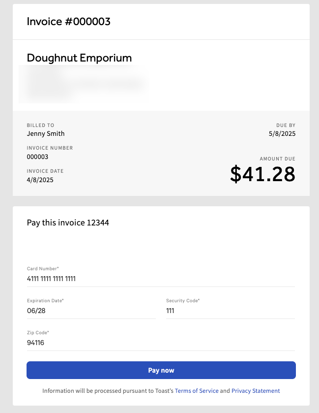 Shows an open invoice with a link to pay now.