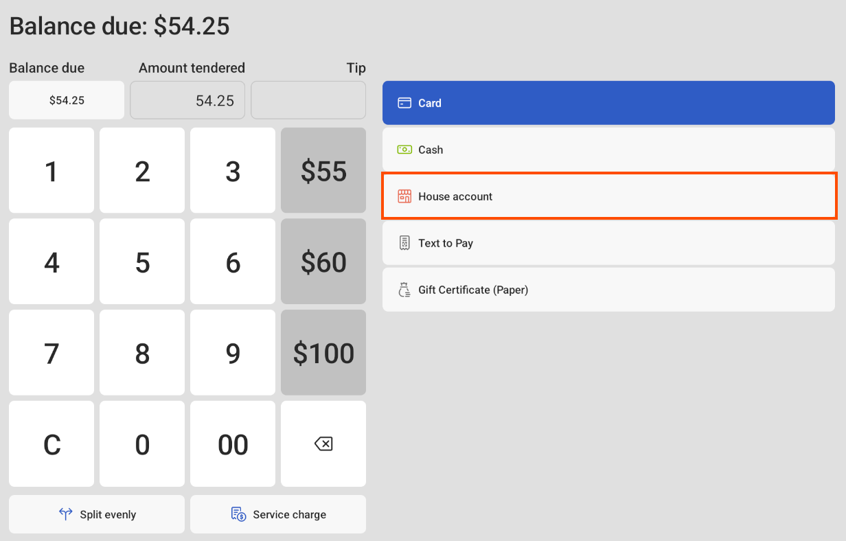 The House account button emphasized on the payment screen.