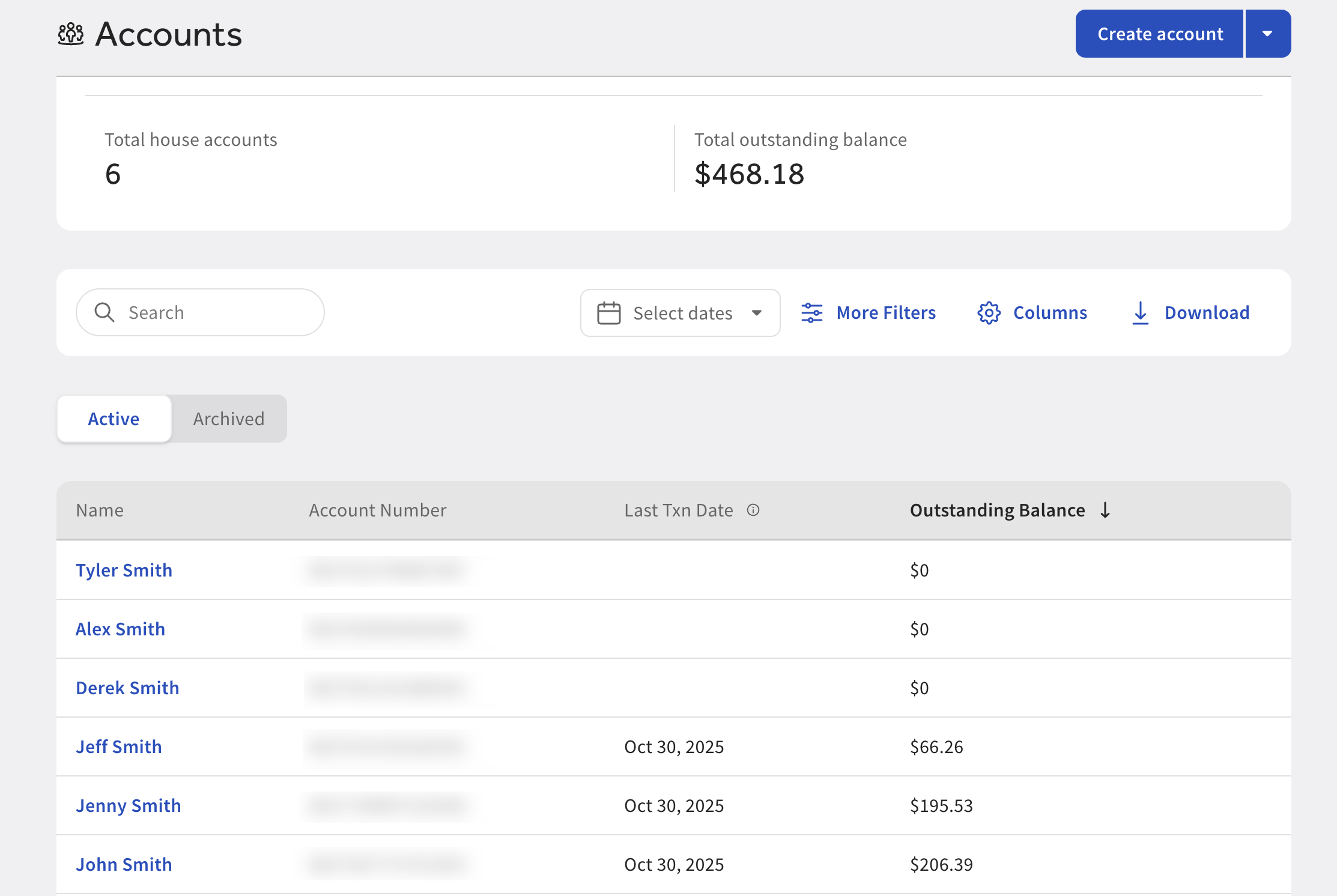 New house accounts on the Accounts page in Toast Web.