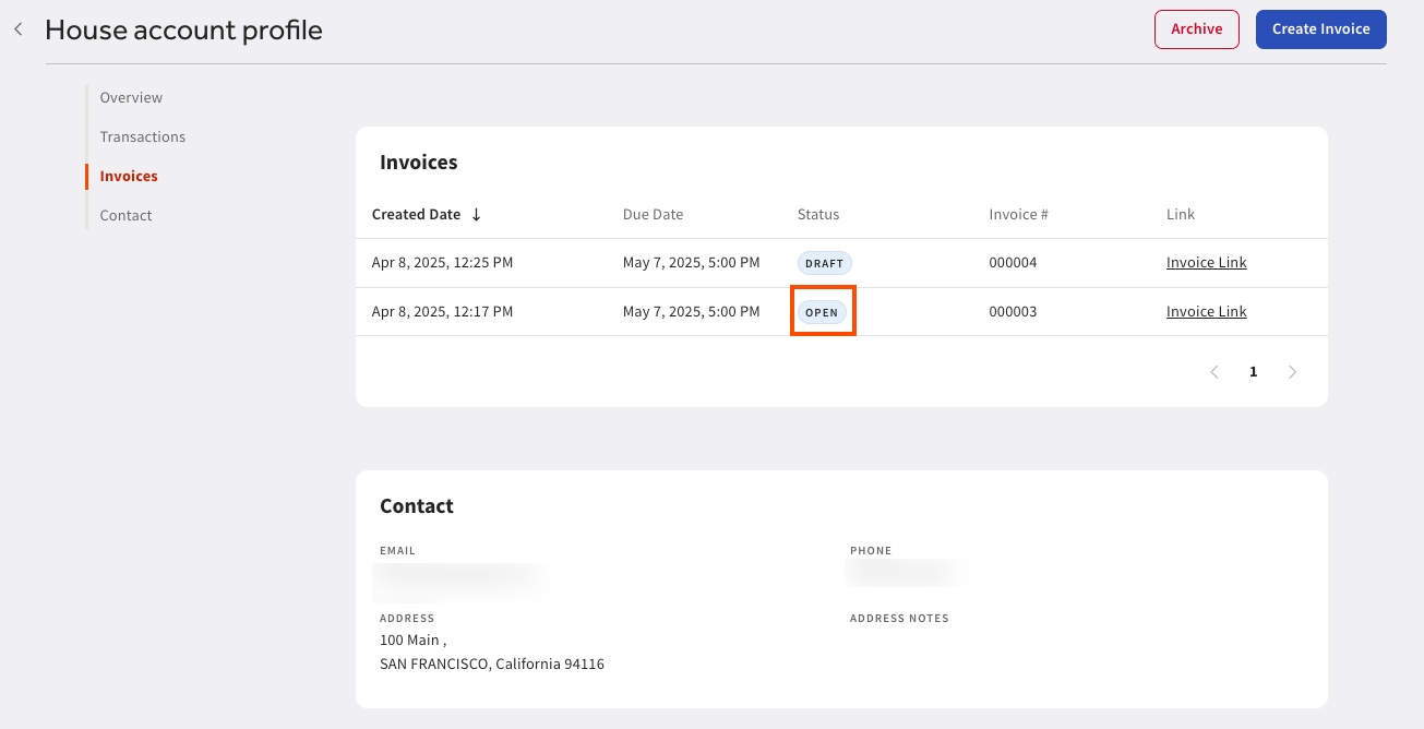Shows an invoice with an OPEN status on the House account profile page in Toast Web.