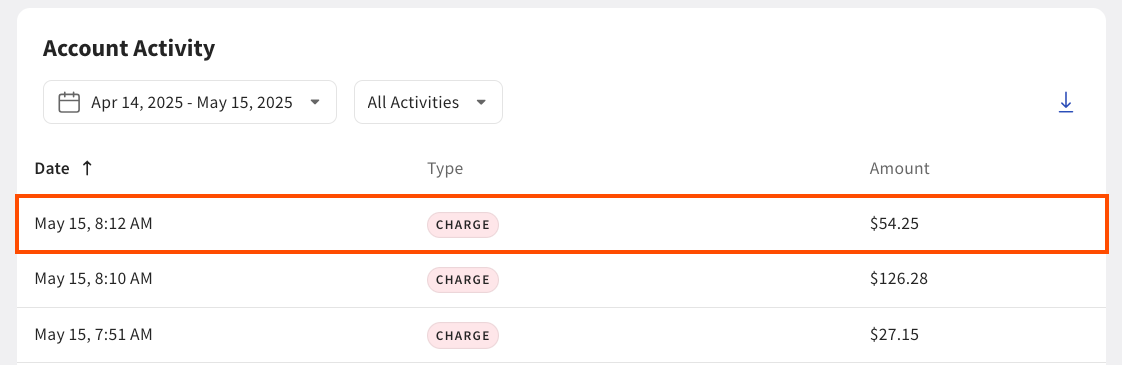 Shows the paid order in the Account Activity section on the House account profile page in Toast Web.
