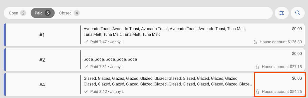 Shows a paid order with the house account payment details emphasized.