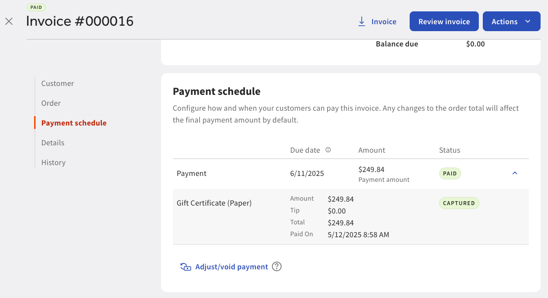 Shows an invoice with the PAID label on the Payment schedule page in Toast Web.