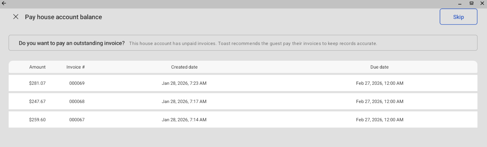 The Pay house account balance screen on the Toast POS.
