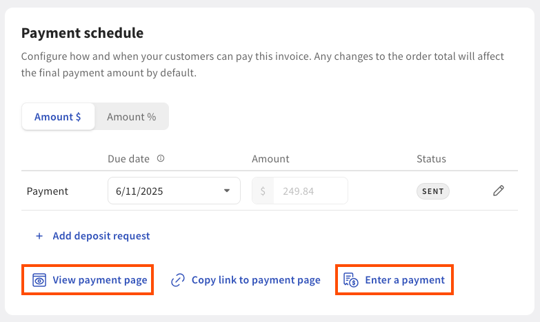 Shows the Payment schedule tab with the View payment page and the Enter a payment buttons emphasized in Toast Web.