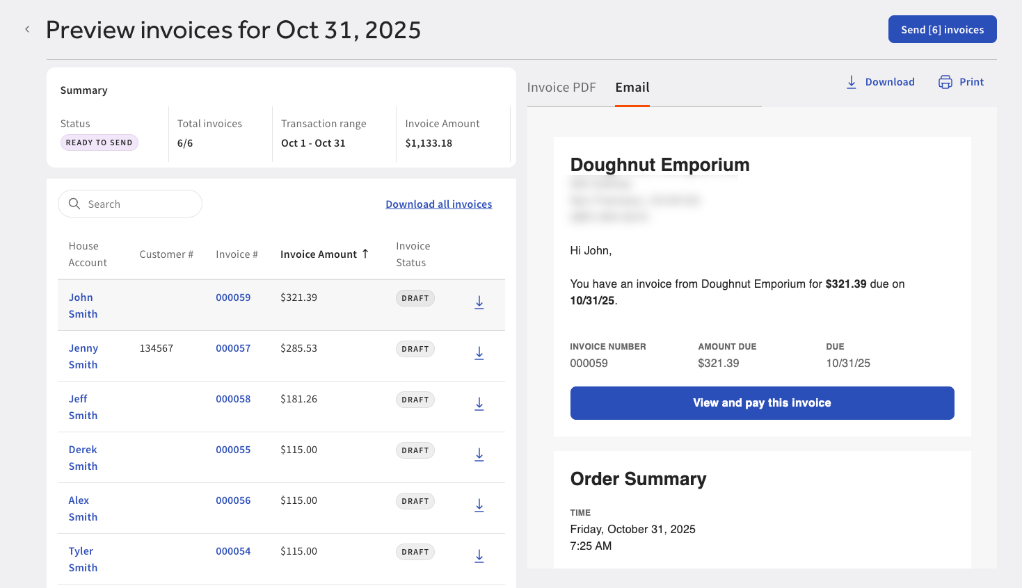 Shows the Preview invoices page in Toast Web.