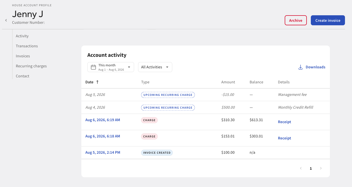 Shows the Account activity section on the House account profile page in Toast Web.