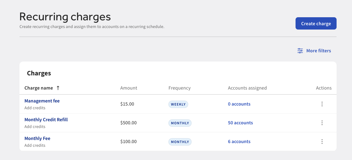 Shows the Recurring charges page in Toast Web.