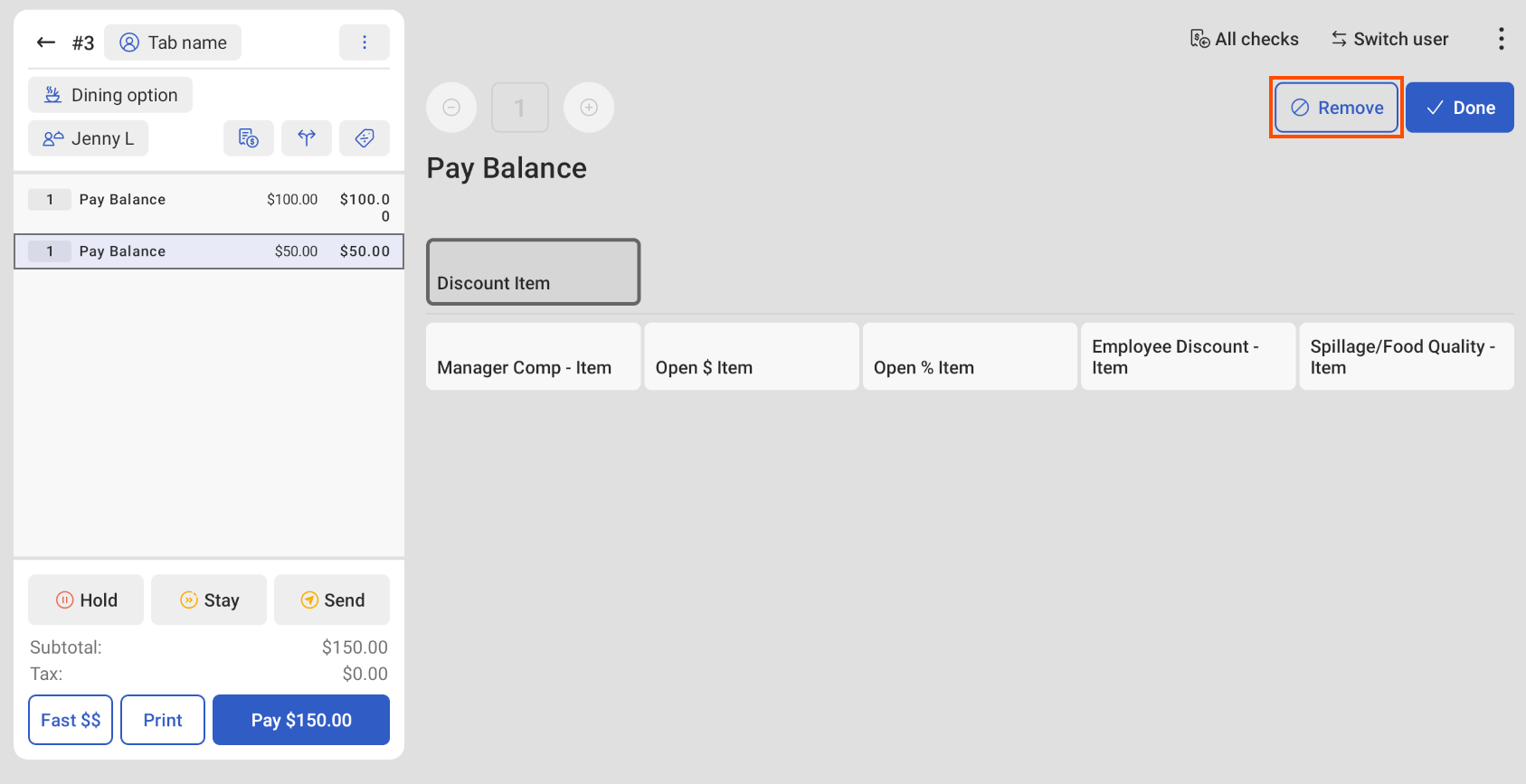 The Remove button emphasized on a payment screen.