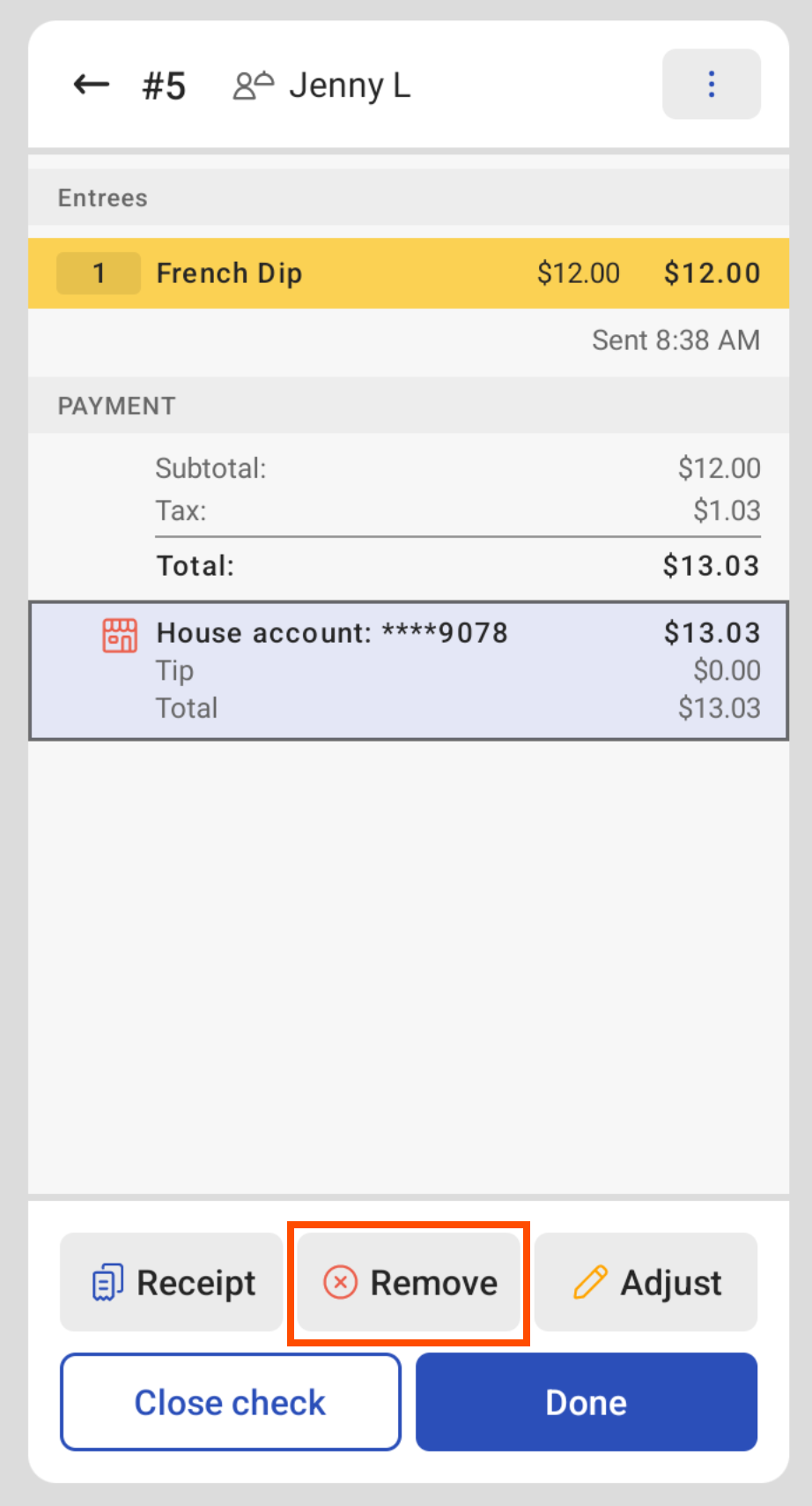 Shows the house account with the Remove button emphasized.