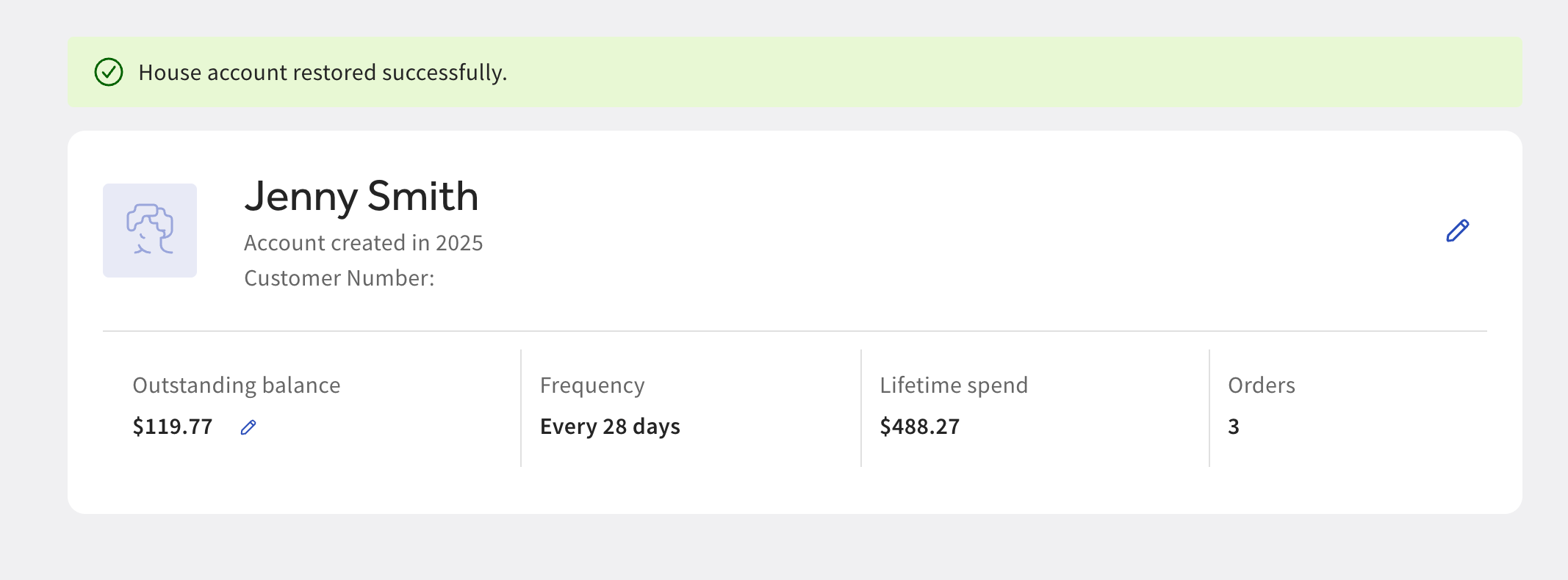 House account restored successfully banner on the House account profile page in Toast Web.